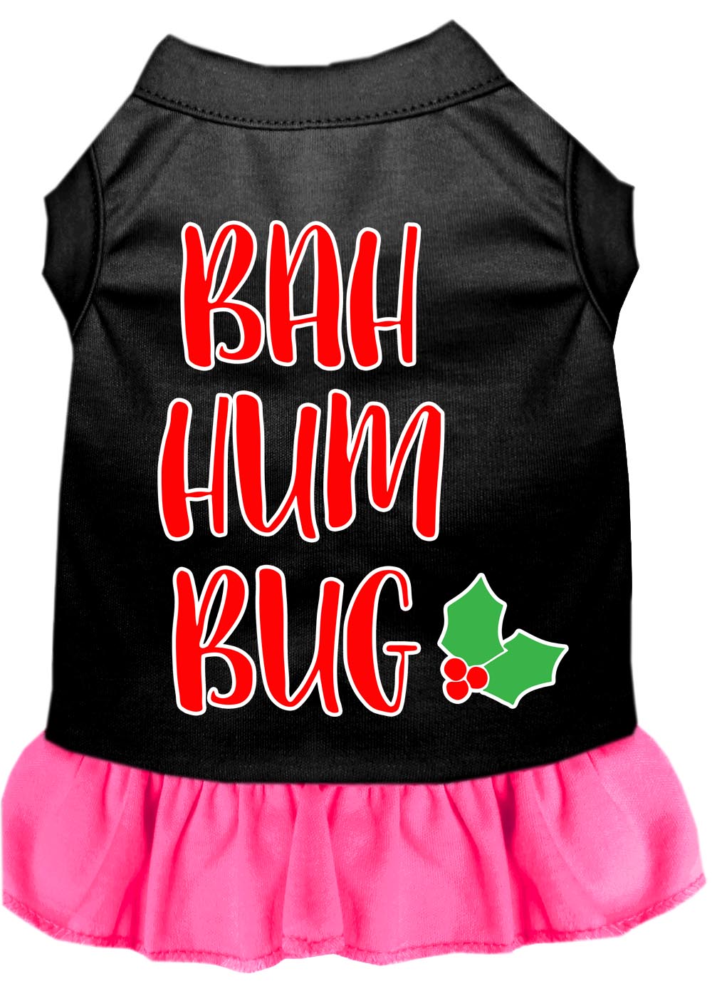 Bah Humbug Screen Print Dog Dress Black with Bright Pink Lg